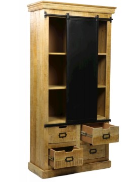 Armoire 3 étagères 4 tiroirs porte métal noir sur rail bois manguier