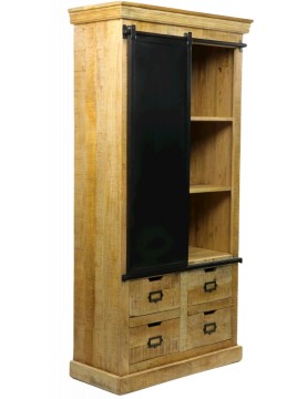 Armoire 3 étagères 4 tiroirs porte métal noir sur rail bois manguier