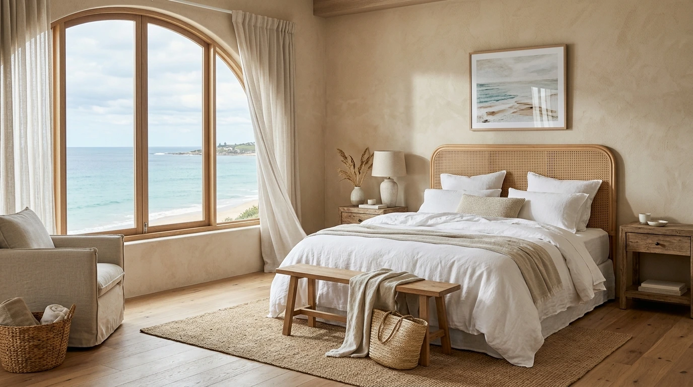 Chambre côtière apaisée avec tête de lit en cannage