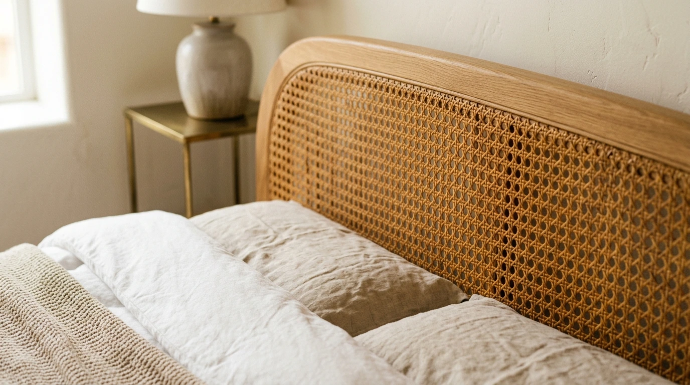 Détail d'une tête de lit en cannage