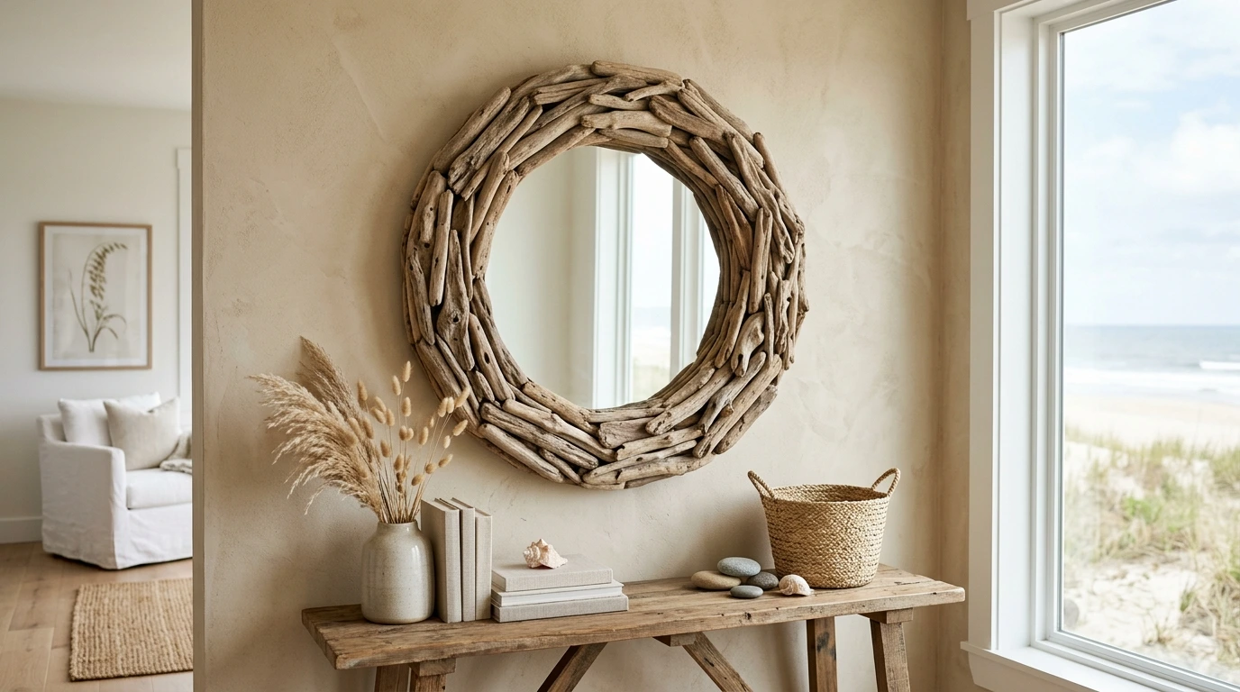Miroir encadré de bois flotté