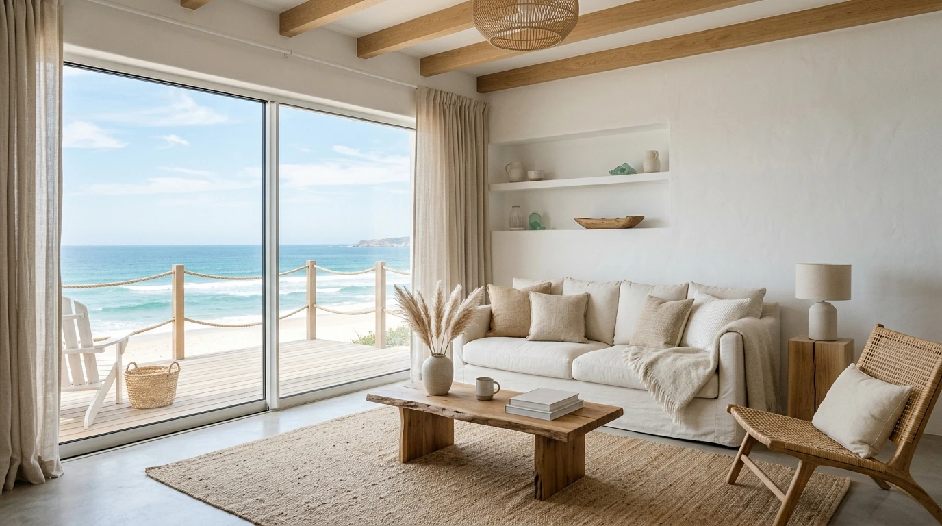 Salon moderne avec vue sur la mer, intérieur côtier épuré