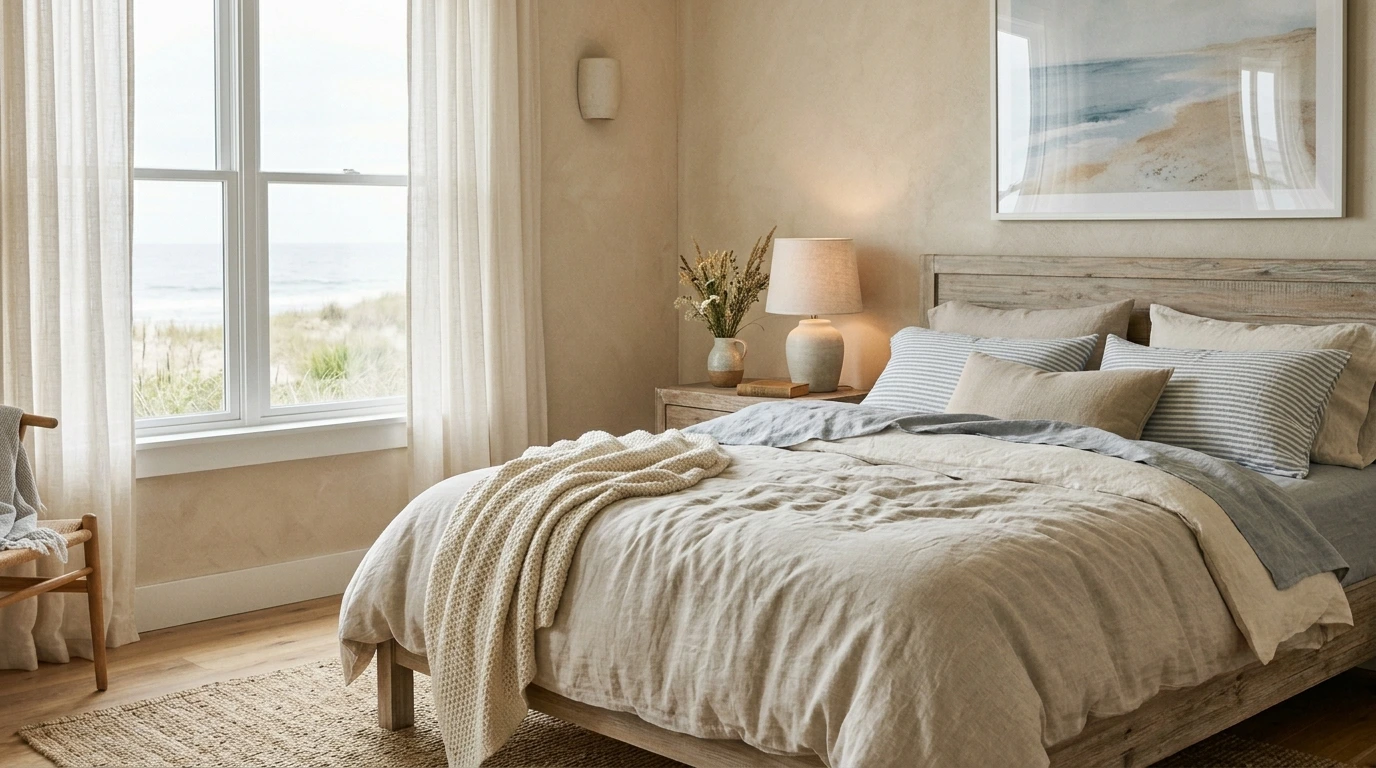 Chambre scandinave bord de mer, blanc épuré, lumière naturelle