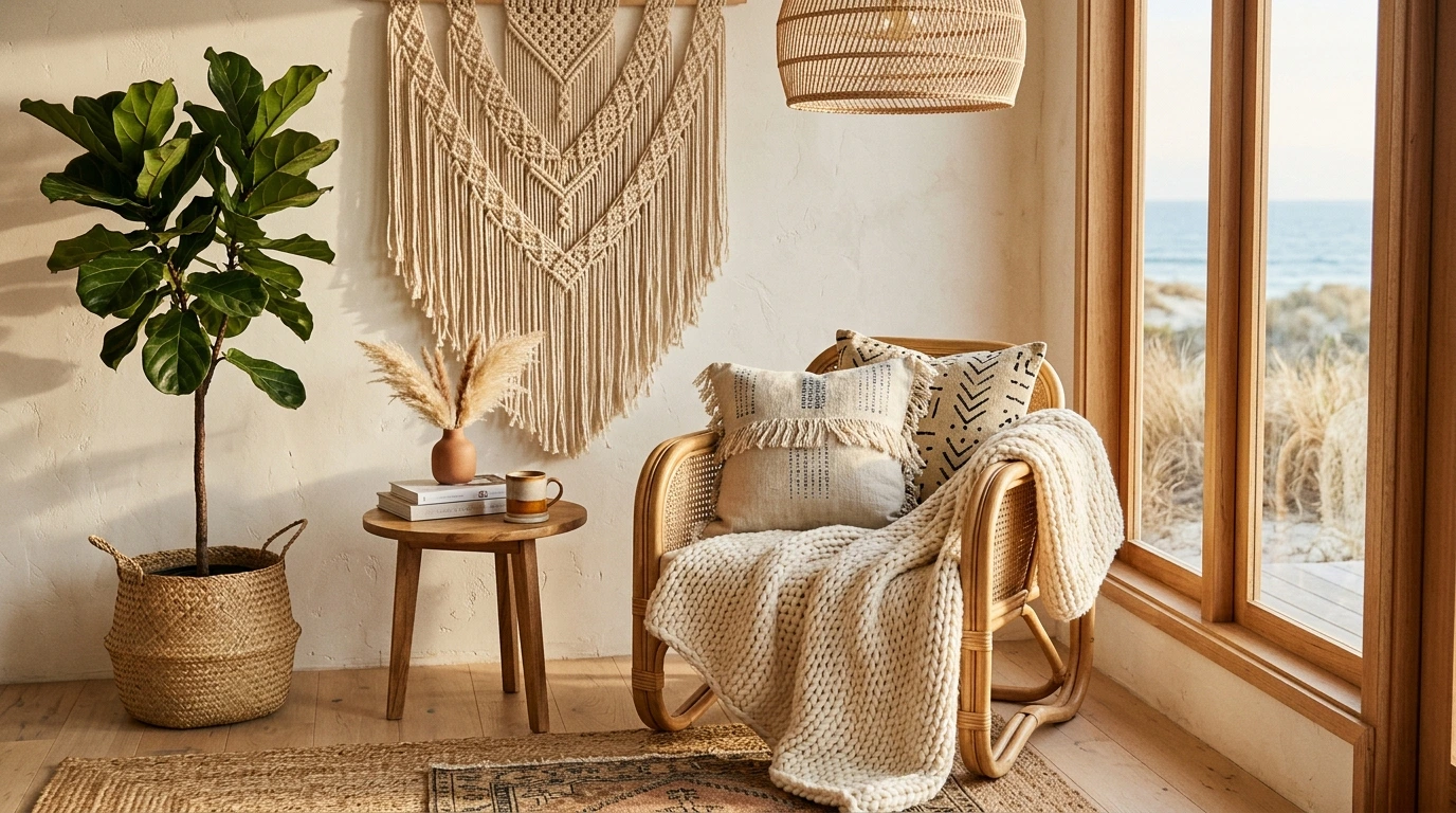 Coin bohème côtier avec fauteuil en rotin, plantes, lumière tamisée