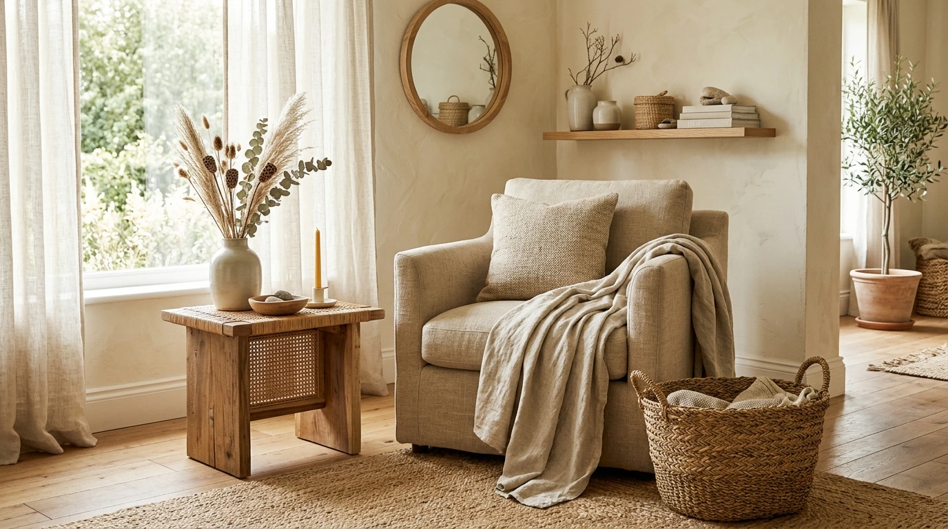Chambre scandinave côtière, literie en lin, lumière matinale