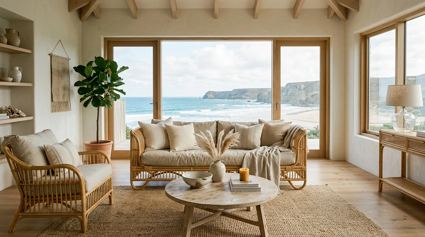 Fauteuil en rotin naturel dans un intérieur chaleureux avec plantes vertes