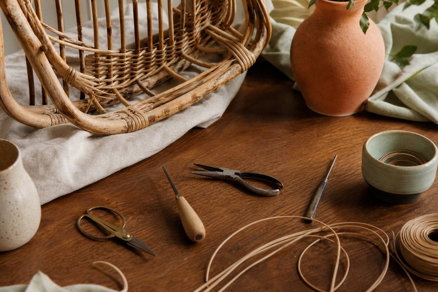 Brins de rotin et outils de vannerie posés sur une table en bois