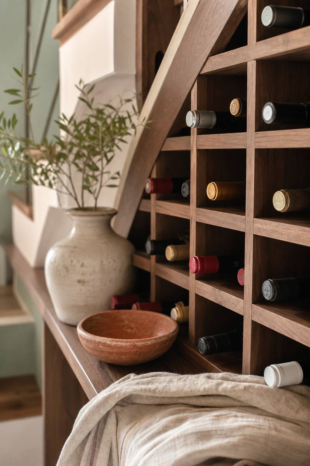 Bouteilles de vin rangées dans des casiers en bois sous un escalier design