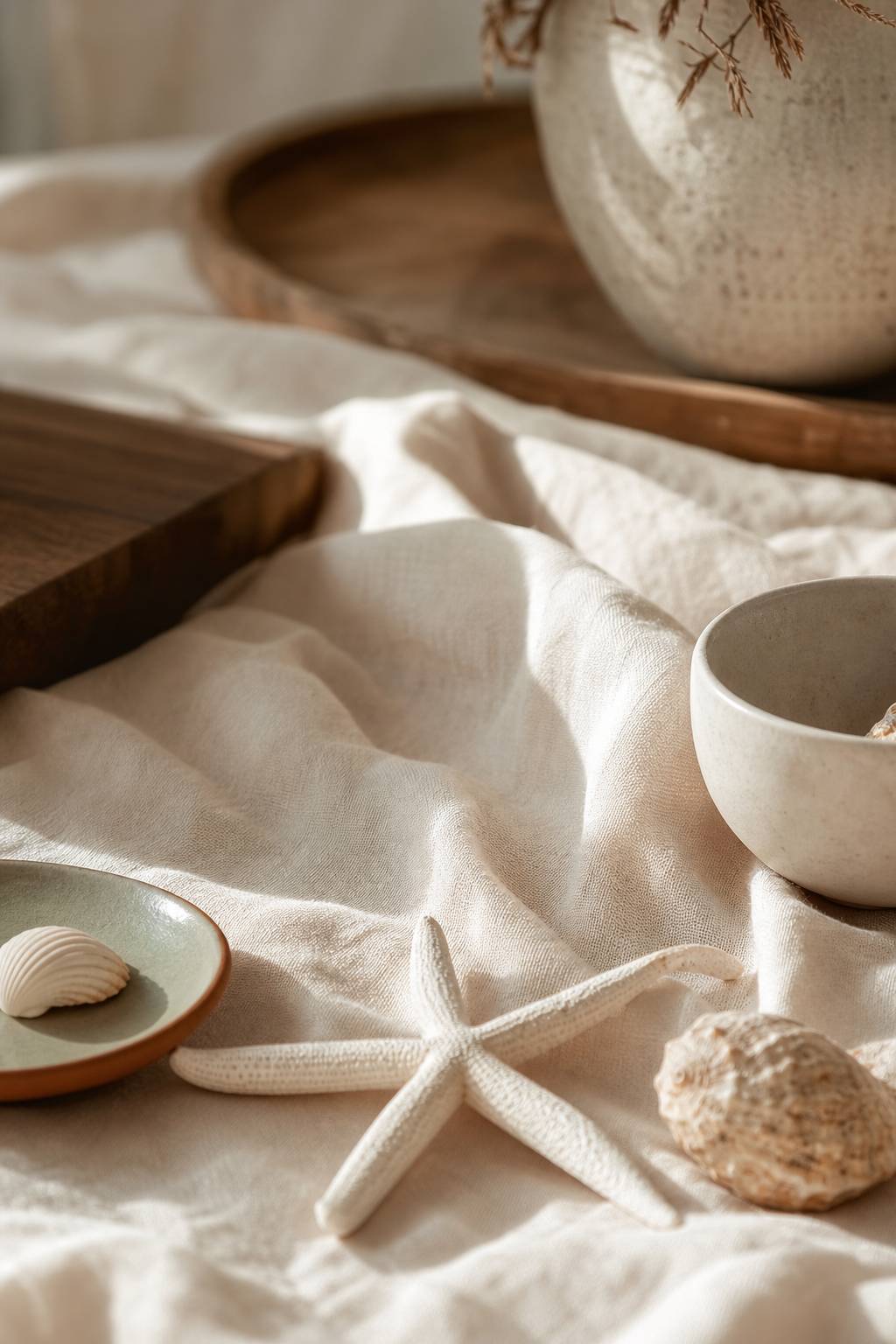 Coquillages et étoiles de mer posés sur du lin beige en décoration