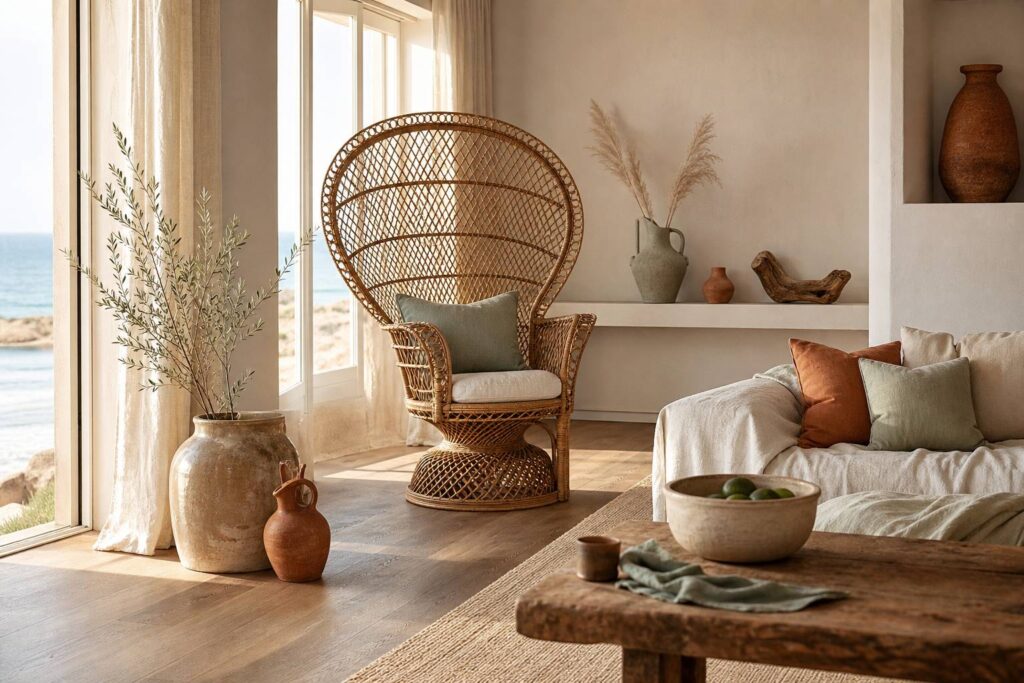 Fauteuil Emmanuelle en rotin icône du design dans un intérieur lumineux