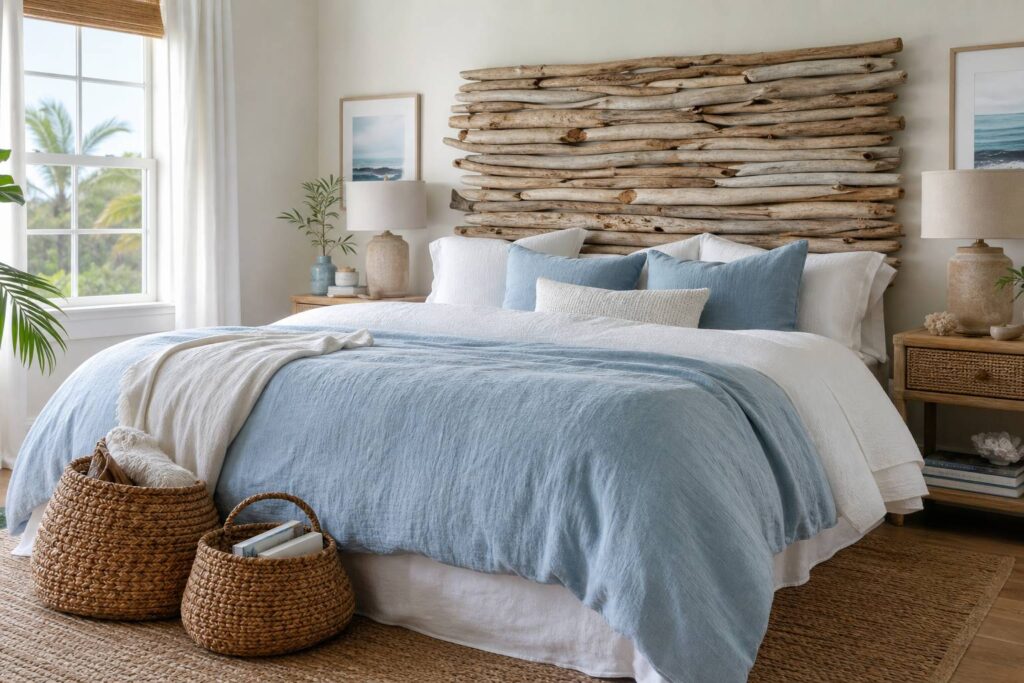 Tête de lit DIY en bois flotté dans une chambre bord de mer