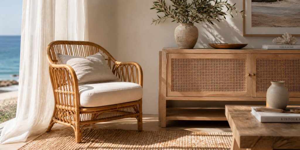 Meuble en cannage et rotin dans un intérieur bord de mer