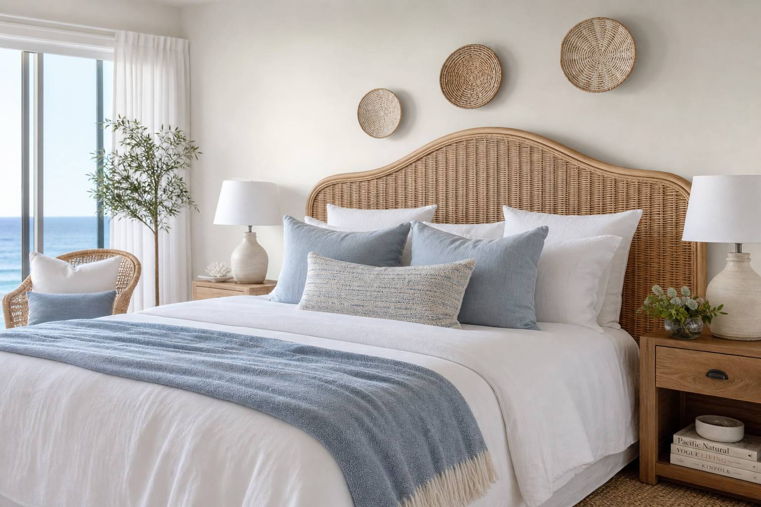 Tête de lit en rotin dans une chambre décoration côtière