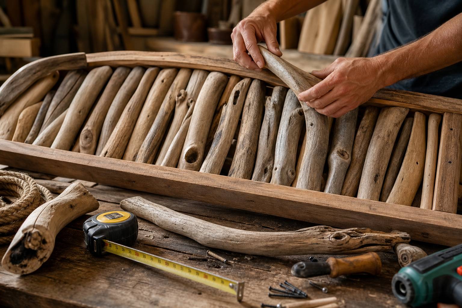 Assemblage de bois flotté pour fabrication tête de lit DIY