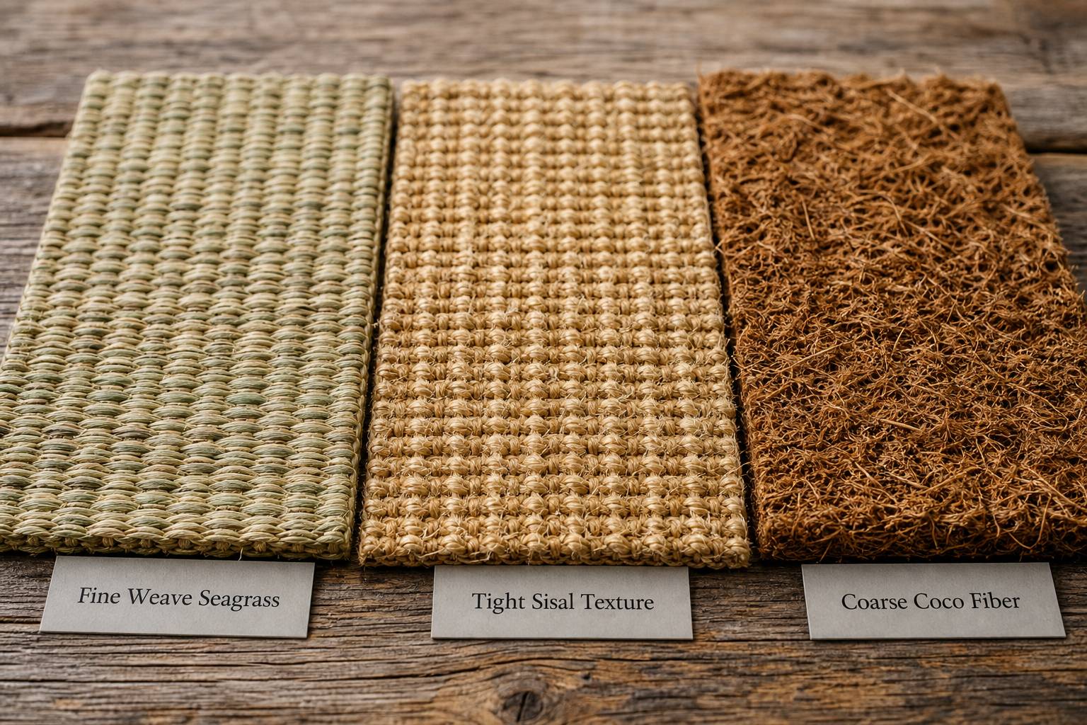 Échantillons de jonc de mer sisal et coco textures comparées