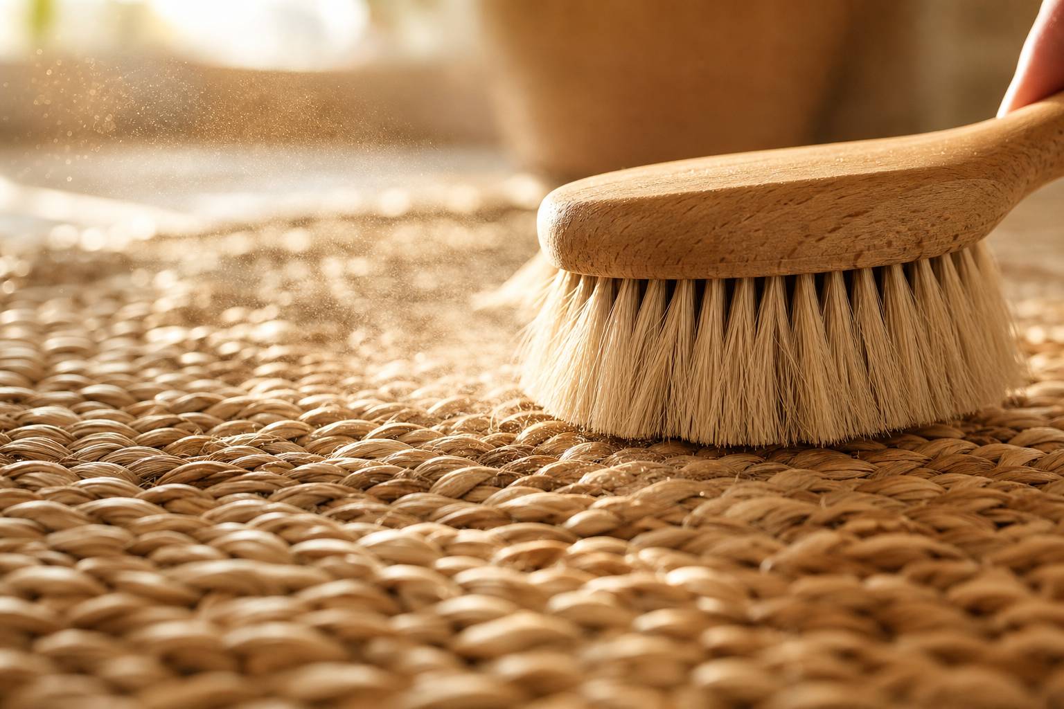 Nettoyage doux d un sol en jonc de mer avec une brosse