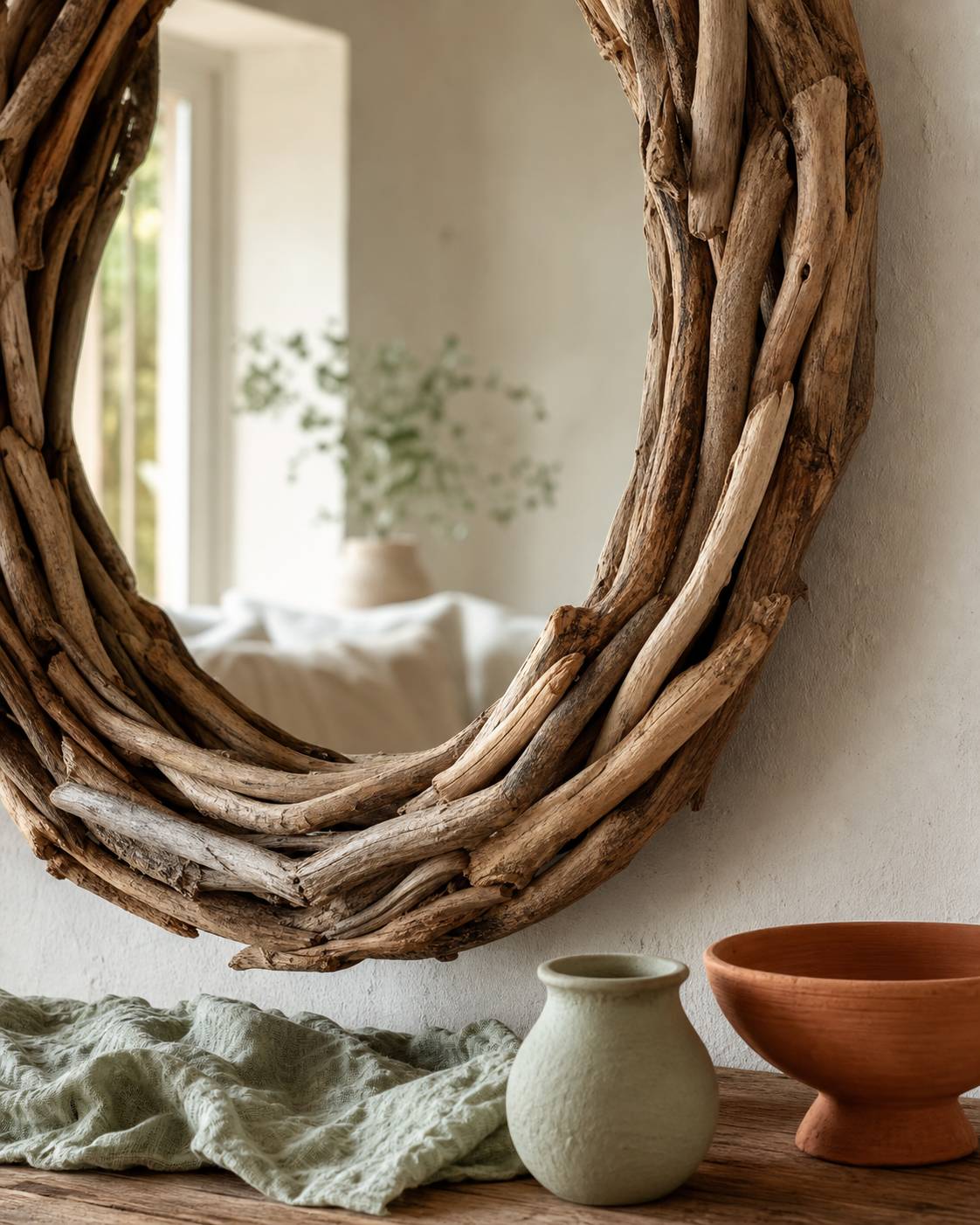 Branches de bois flotté entrelacées formant le cadre d'un miroir design