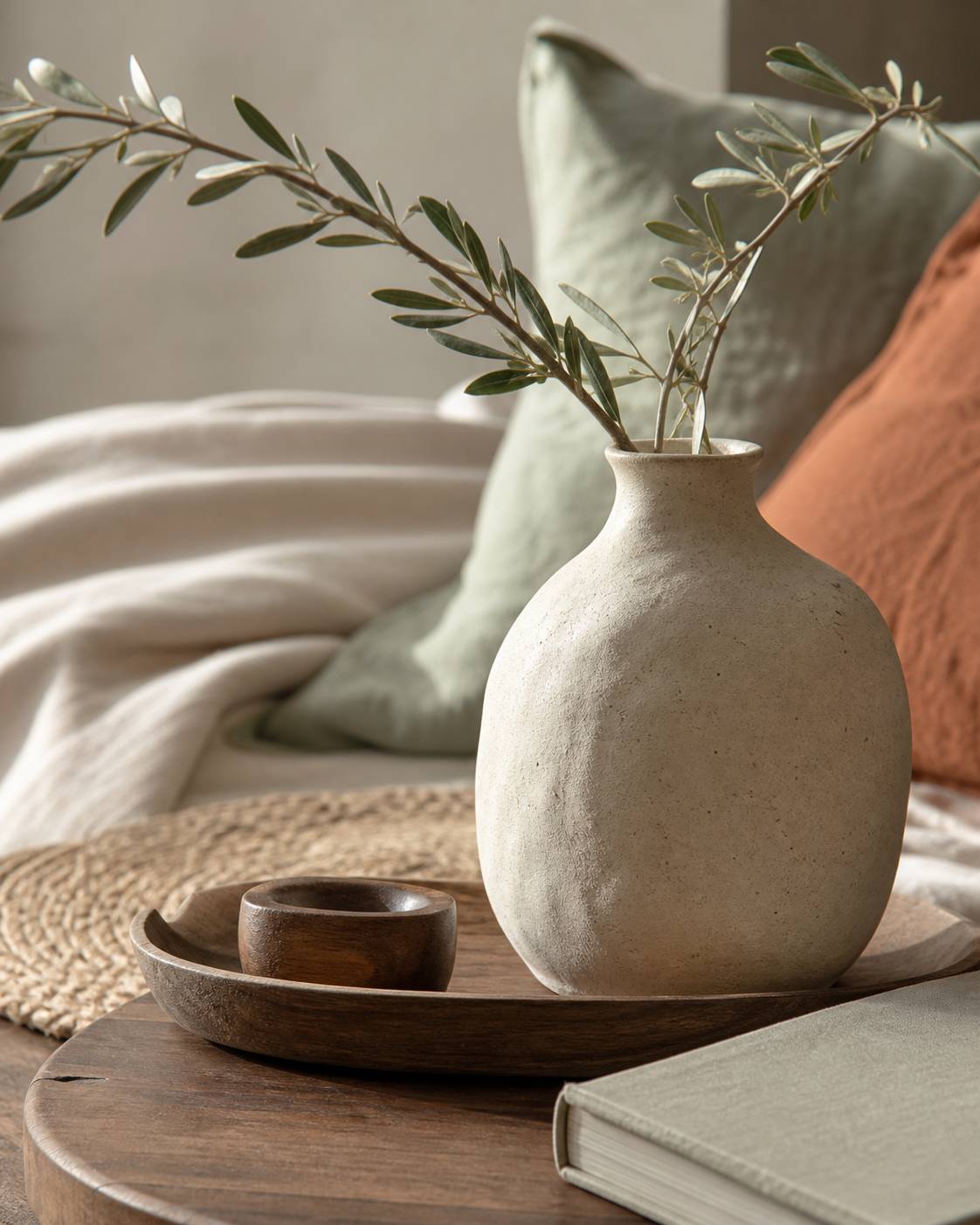 Vase en céramique artisanale et coussin en lin dans une déco design
