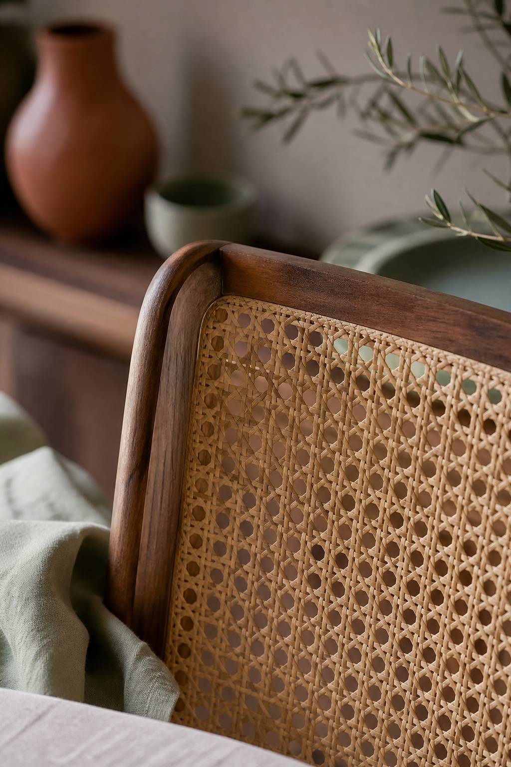 Tressage de rotin et texture de cannage sur le dossier d'une chaise