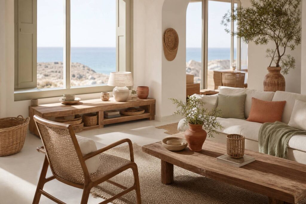 Intérieur avec meubles en rotin, fauteuil cannage et paniers osier ambiance bord de mer