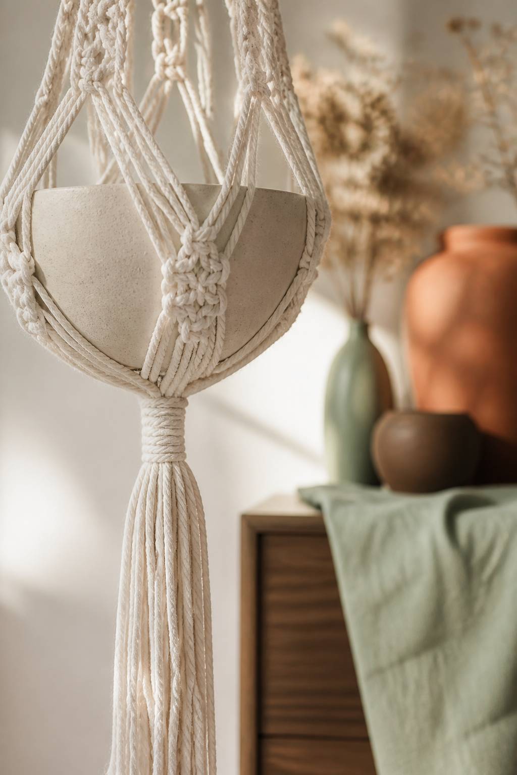 Noeuds de macramé et franges de corde blanche d'une suspension DIY