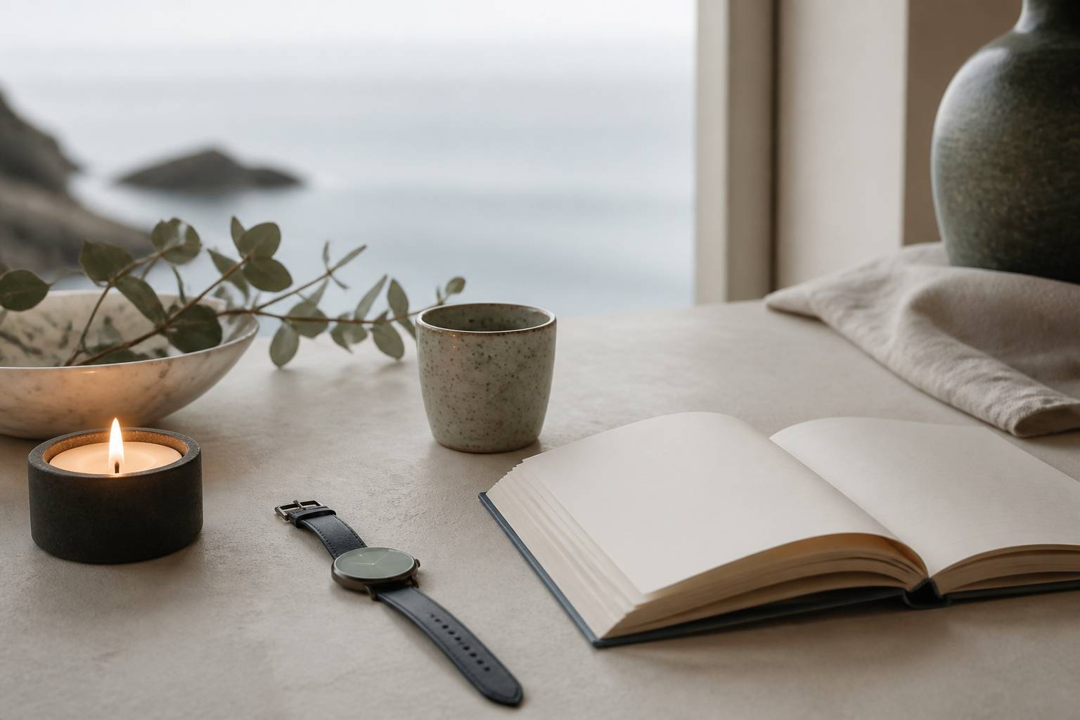 Table lumineuse avec montre, bougie et carnet ouvert près d'une fenêtre