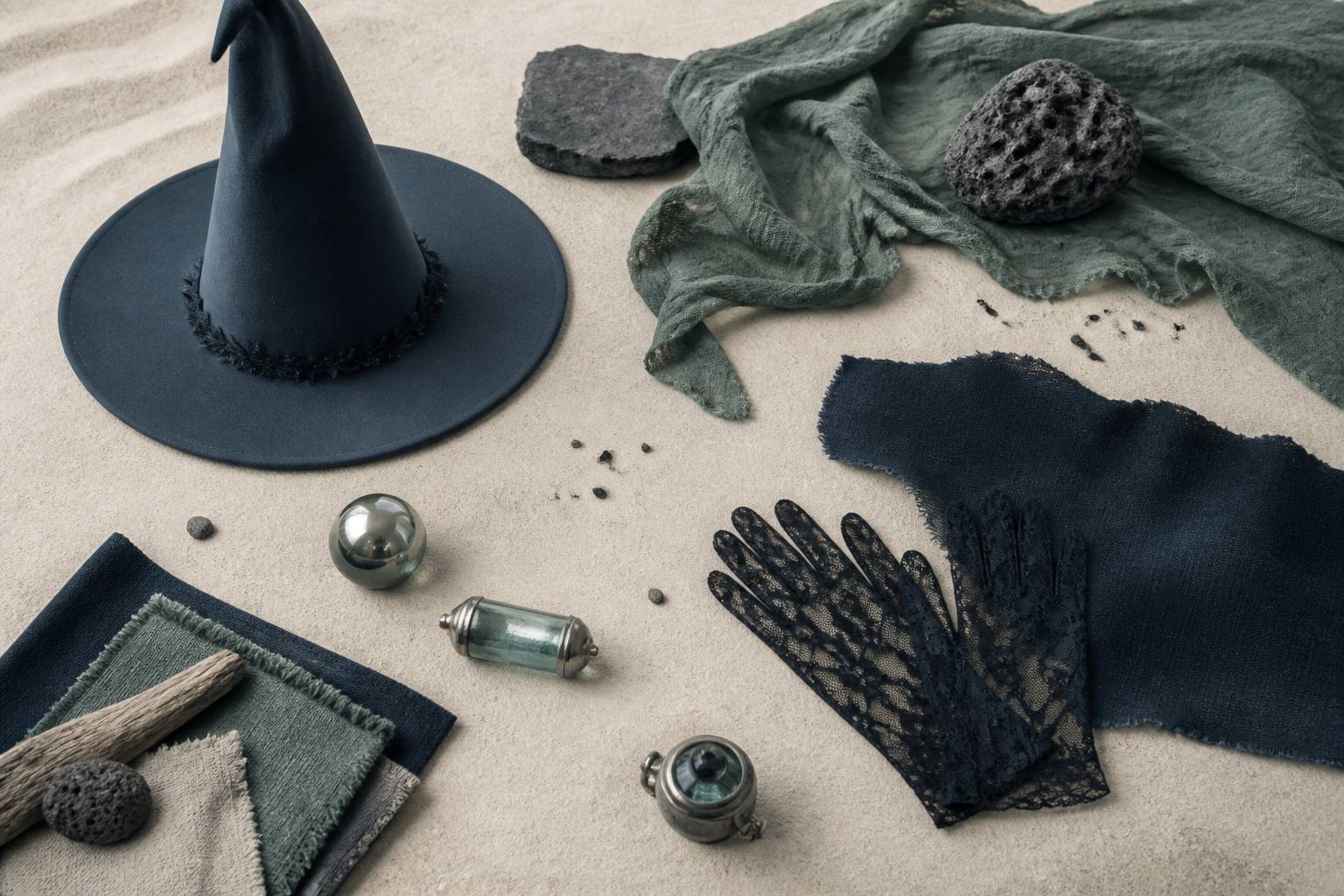Accessoires de costumes Halloween disposés en flat-lay aux tons ardoise et vert-de-gris
