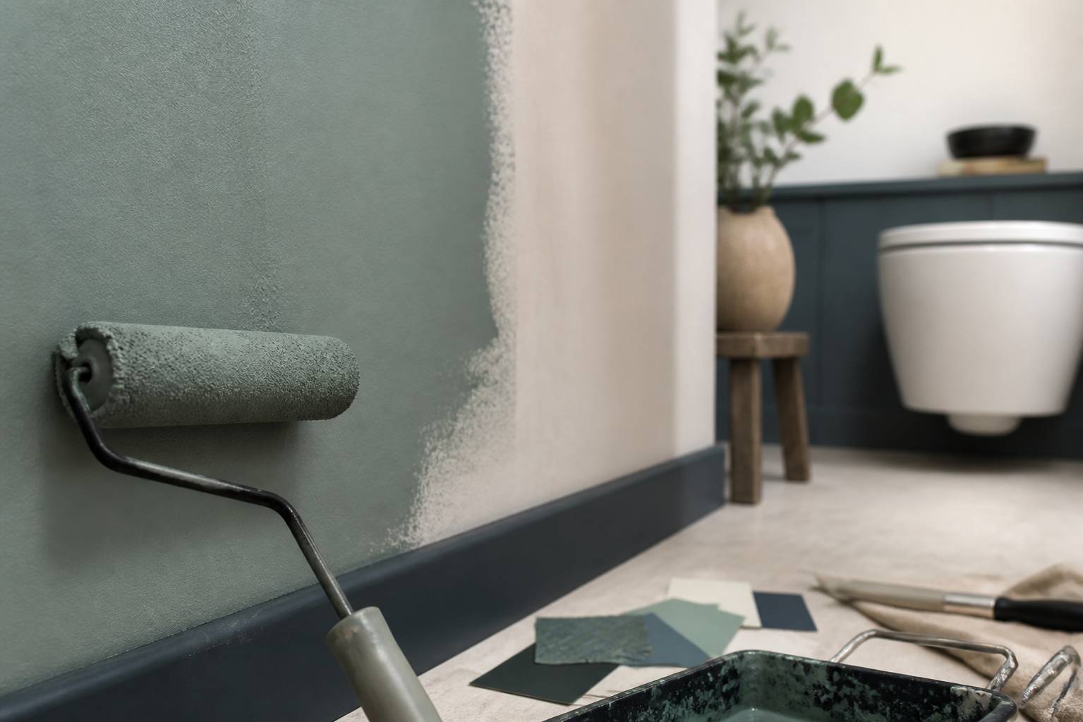 Rouleau appliquant une peinture vert-de-gris sur un mur de toilettes