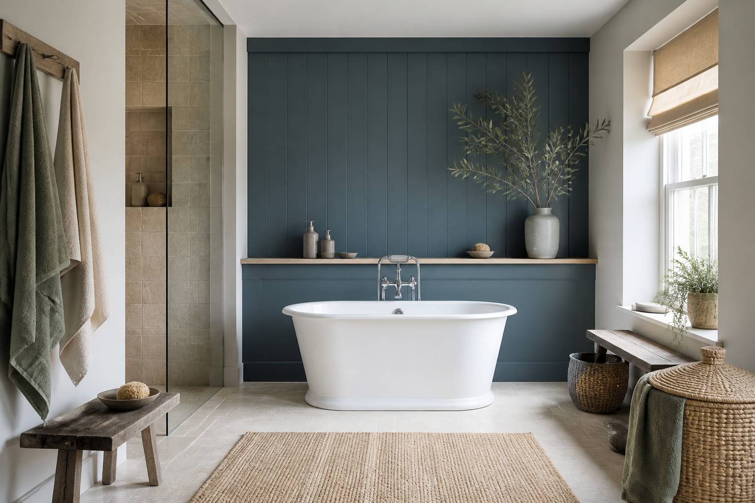 Baignoire sabot compacte avec accessoires en bois et panier en osier