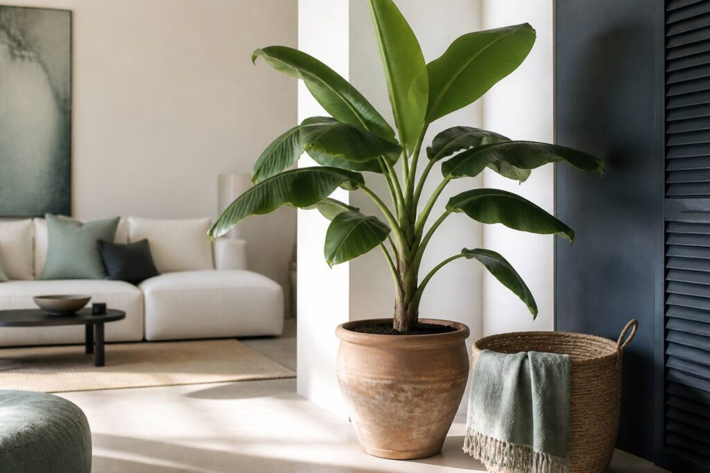 Bananier en pot dans un salon clair formant un coin tropical