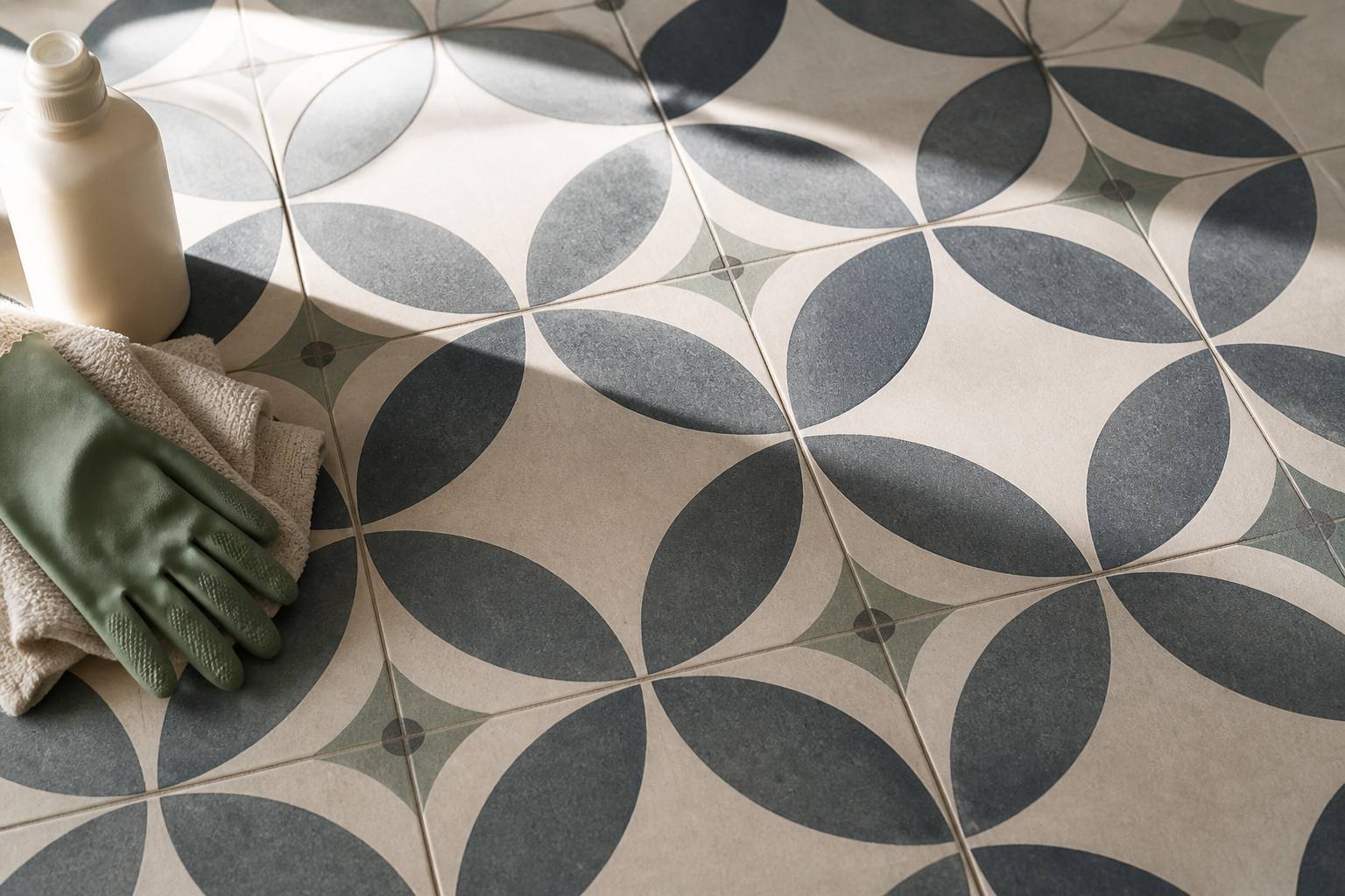Gros plan de carreaux de ciment aux motifs géométriques avec un gant et un produit d'entretien
