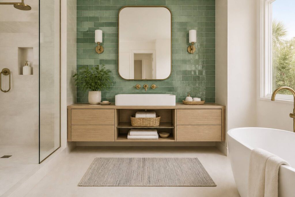 Salle de bains avec mur de carrelage vert émeraude et laiton brossé