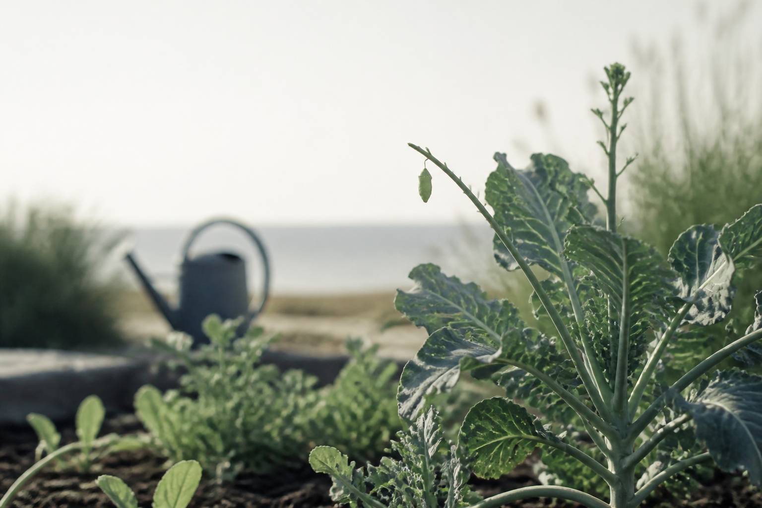 Potager avec feuilles grignotées et chrysalide suspendue à une tige