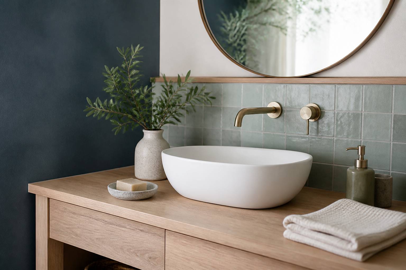 Coin vasque de salle de bains avec meuble en bois clair, miroir rond et plante verte