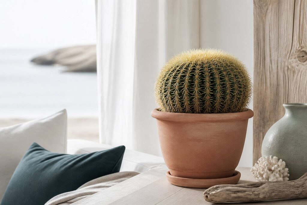 Cactus sphérique aux épines dorées près d'une fenêtre