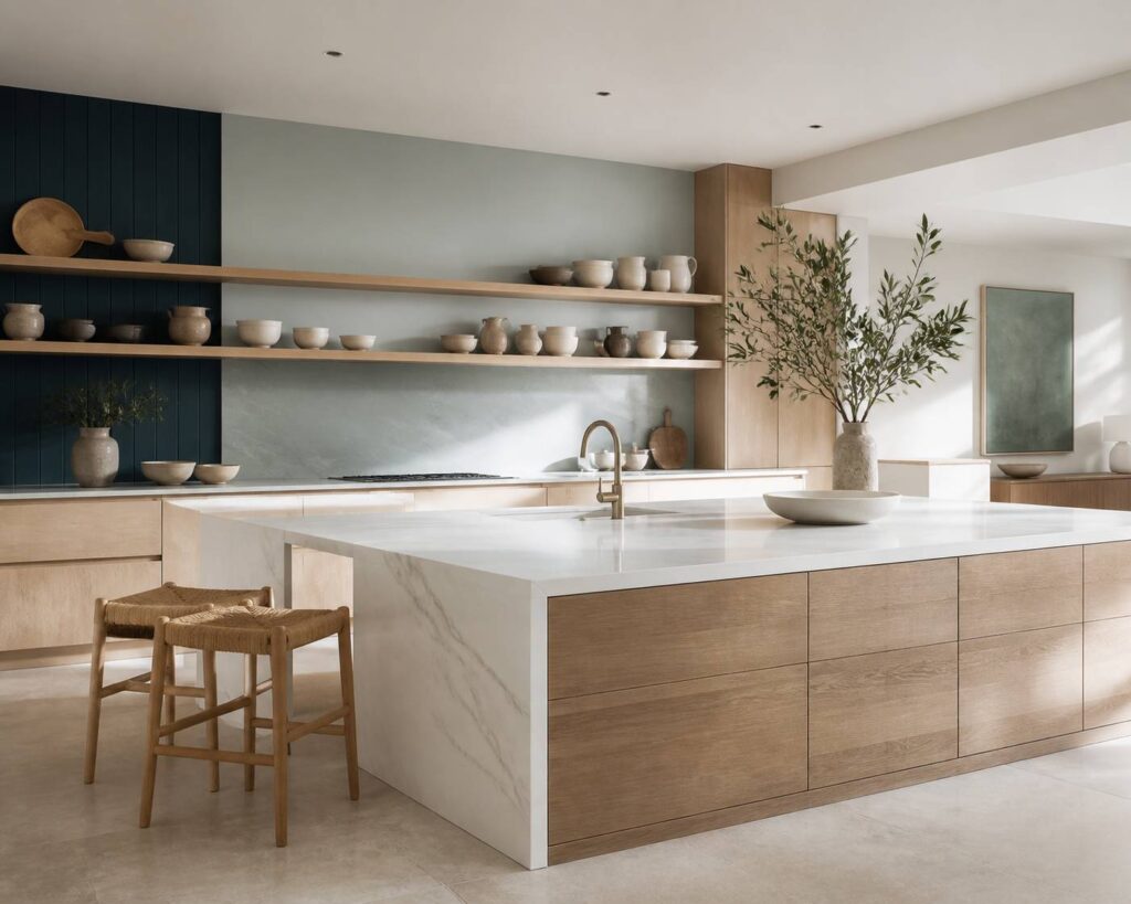Cuisine lumineuse avec îlot en marbre et meubles en bois clair