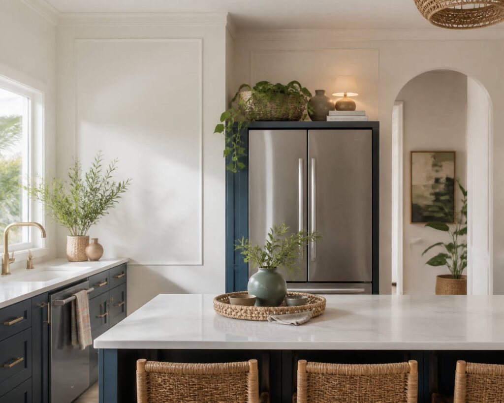 Espace au-dessus d'un réfrigérateur décoré avec paniers en osier, plantes retombantes et vase en céramique