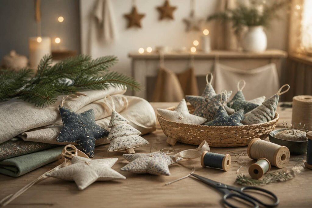 Décorations de Noël en tissu faites main avec étoiles et sapins cousus