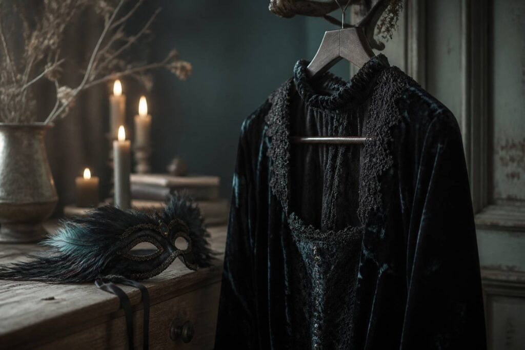 Déguisement Halloween gothique raffiné en velours sombre avec bougies et masque de plumes