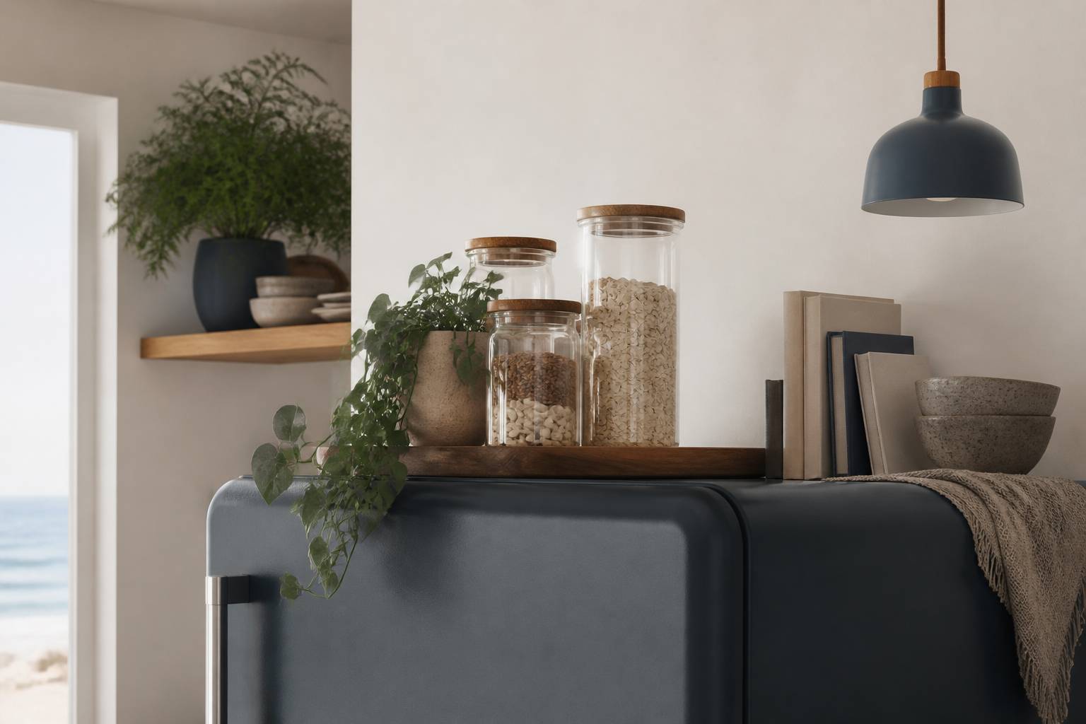 Dessus de réfrigérateur stylé avec bocaux en verre, plantes retombantes et plateau en bois