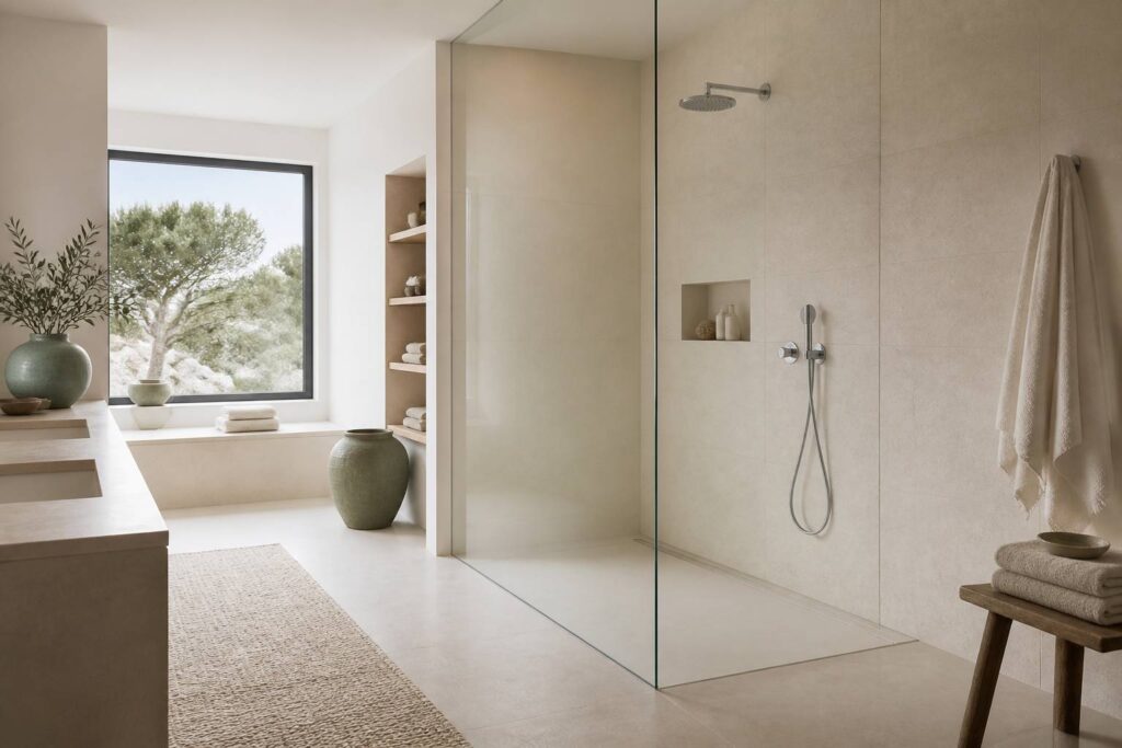 Douche à l'italienne moderne avec carrelage imitation pierre sable et paroi en verre