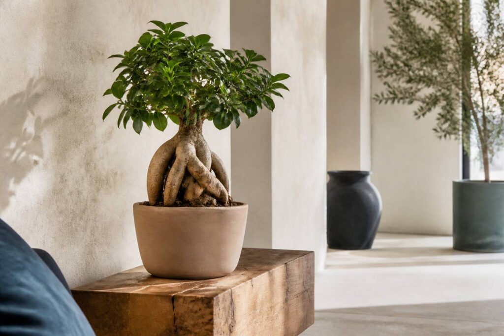 Ficus ginseng aux racines renflées dans un pot en terre cuite