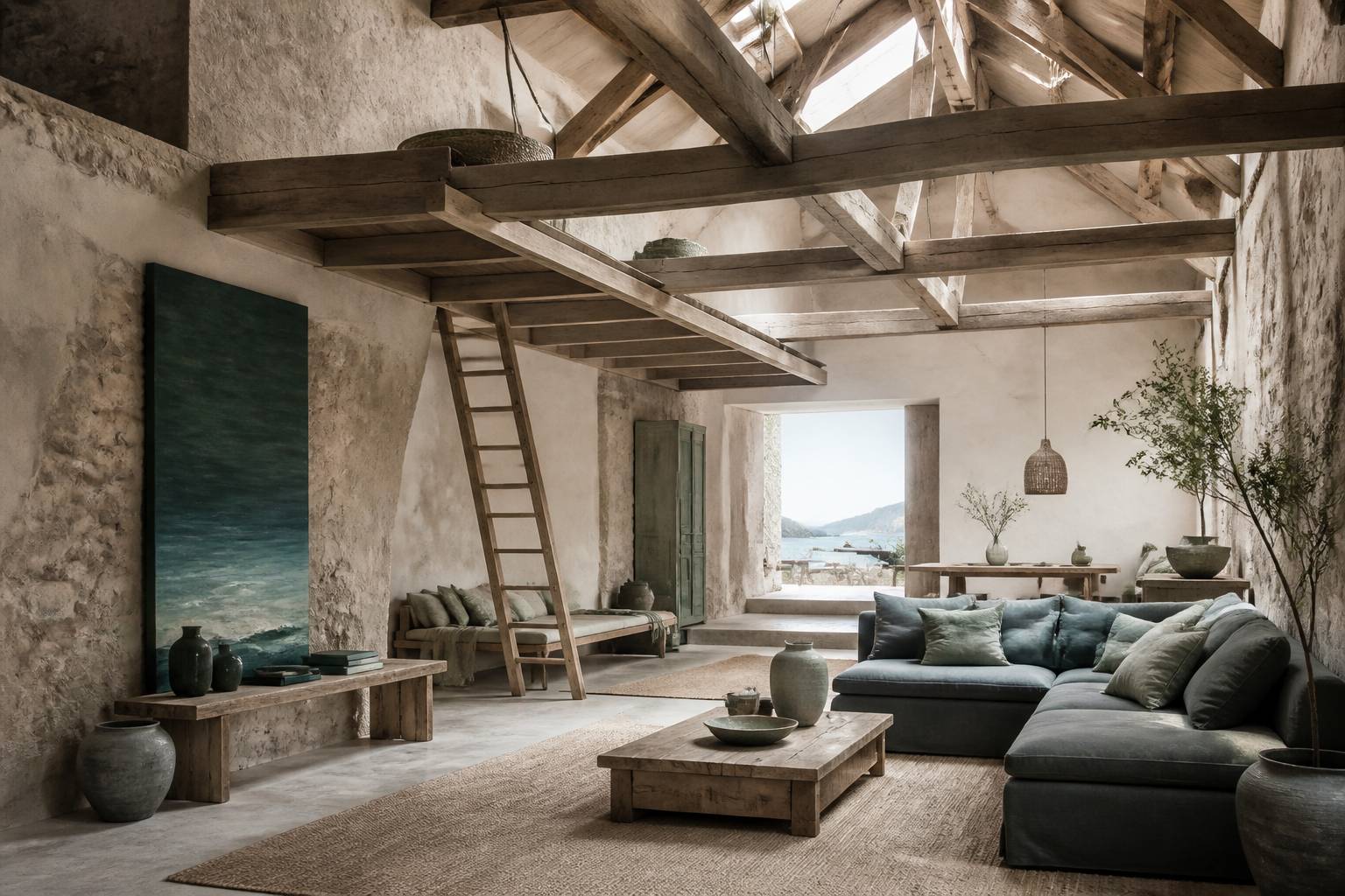 Grand séjour sous charpente avec mezzanine en bois