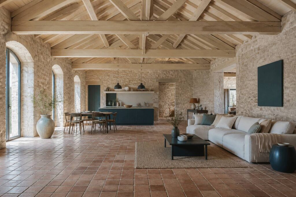 Intérieur de grange rénovée avec pierres apparentes et charpente