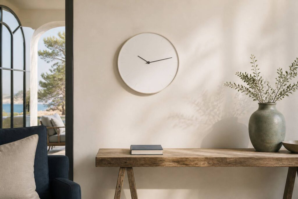 Horloge blanche épurée sans chiffres sur un mur clair