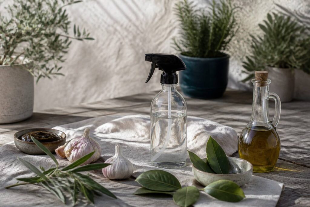 Préparation naturelle anti-insectes avec savon noir, ail et pulvérisateur en verre