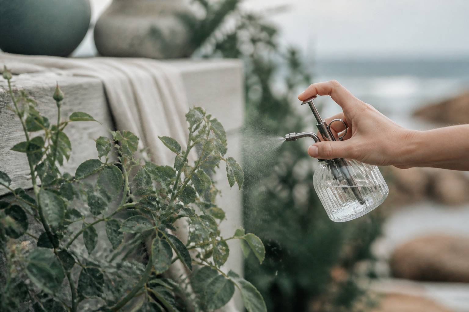 Main pulvérisant une solution maison sur des feuilles de rosier