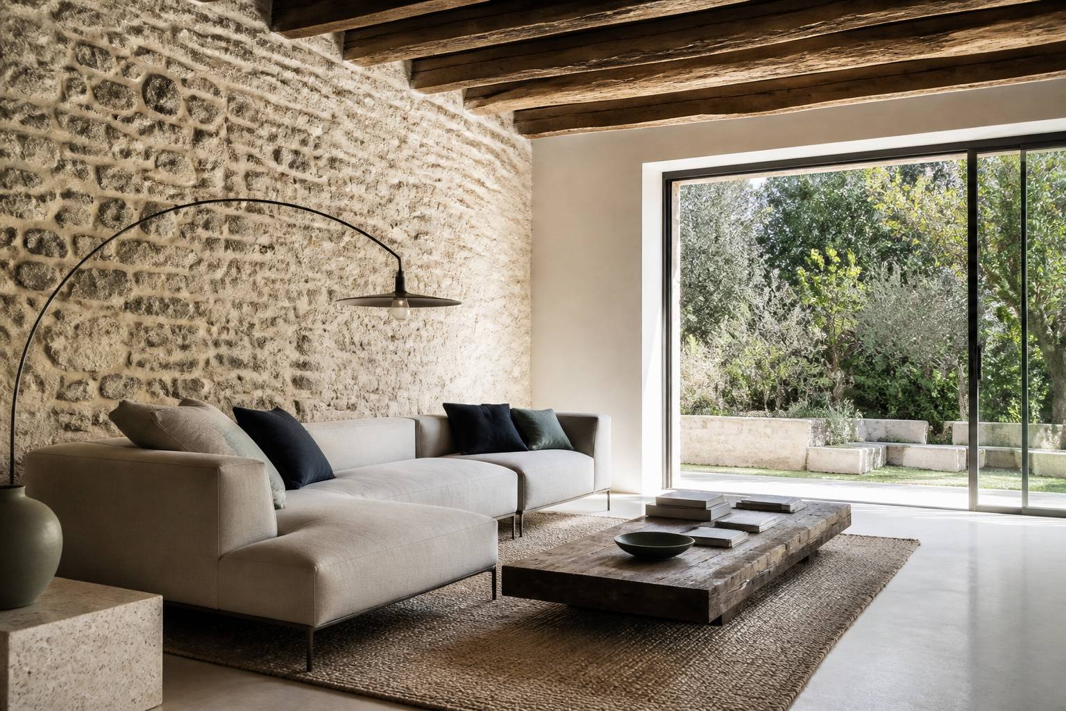 Intérieur alliant mur en pierre, poutres et mobilier contemporain