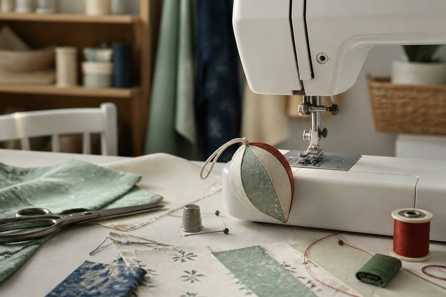 Ornement de Noël en tissu en cours de couture sur une machine à coudre