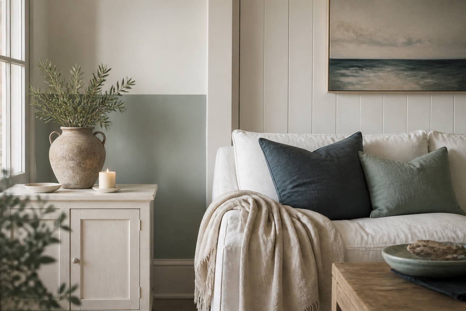 Meuble relooké à la peinture à la craie dans un salon épuré en lin